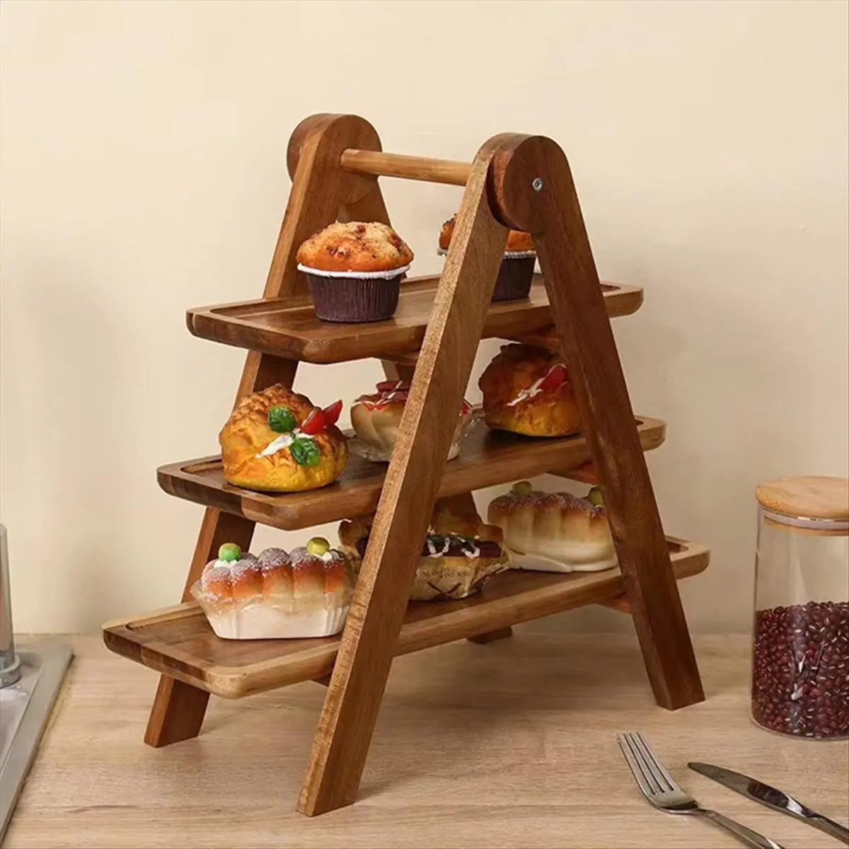 &A11I Three Tier Wooden Tray Organizer Rack Farmhouse Tiered Cupcake Stand Food Table Decorative Display Set for Wedding Party