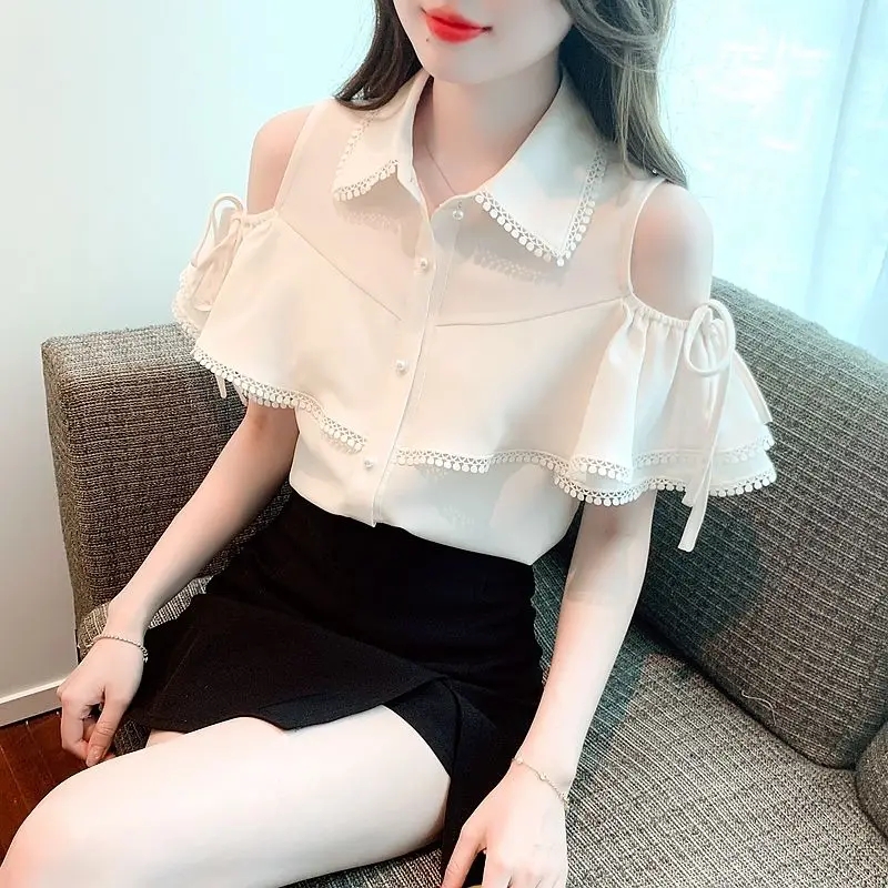Blusa sencilla con hombros descubiertos para mujer, Camisa de gasa de manga acampanada empalmada coreana, Color sólido, Verano