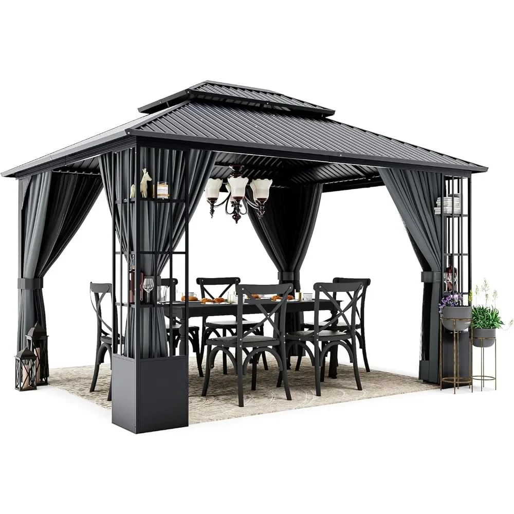 

10x12 Hardtop, Outdoor Metal Gazebos with Netting and Curtains, Double Galvanized Steel Roof, Patio Hard Top