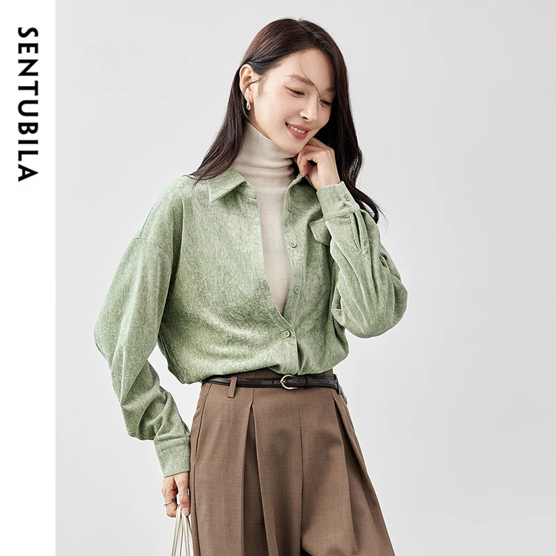 SENTUBILA Corduroy Embroidery Shirt Women 2024 Winter Folds Turn Down Collar Button Down Solid Casual Female Blouse 144C57426