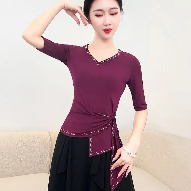 Modern Dance Short Sleeve T-Shirt Women's Fashionable Belted V-Neck Adult Dance Training Slimming Unique Top Sexy Style Polye...