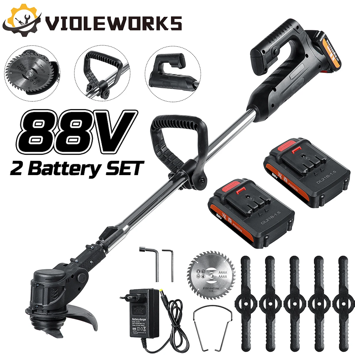 VIOLEWORKS 1000 W elektrischer Rasenmäher, 10.000 U/min, kabelloser Rasentrimmer, faltbar,