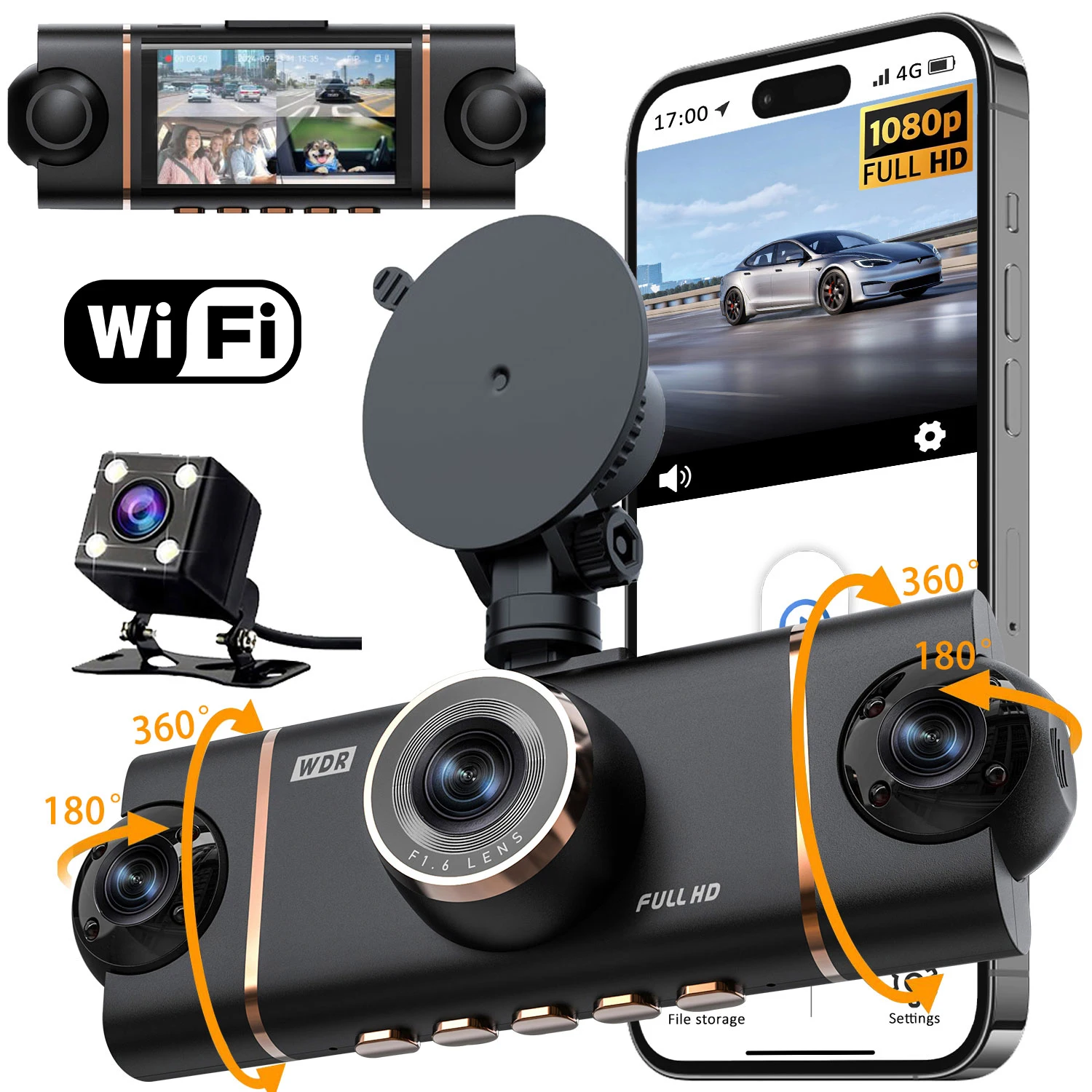 4-Channel Dashcam with 360° Panoramic View WiFi DVR 1080P Black Box 24-Hour Parking Monitoring HD Night Vision Loop Recording