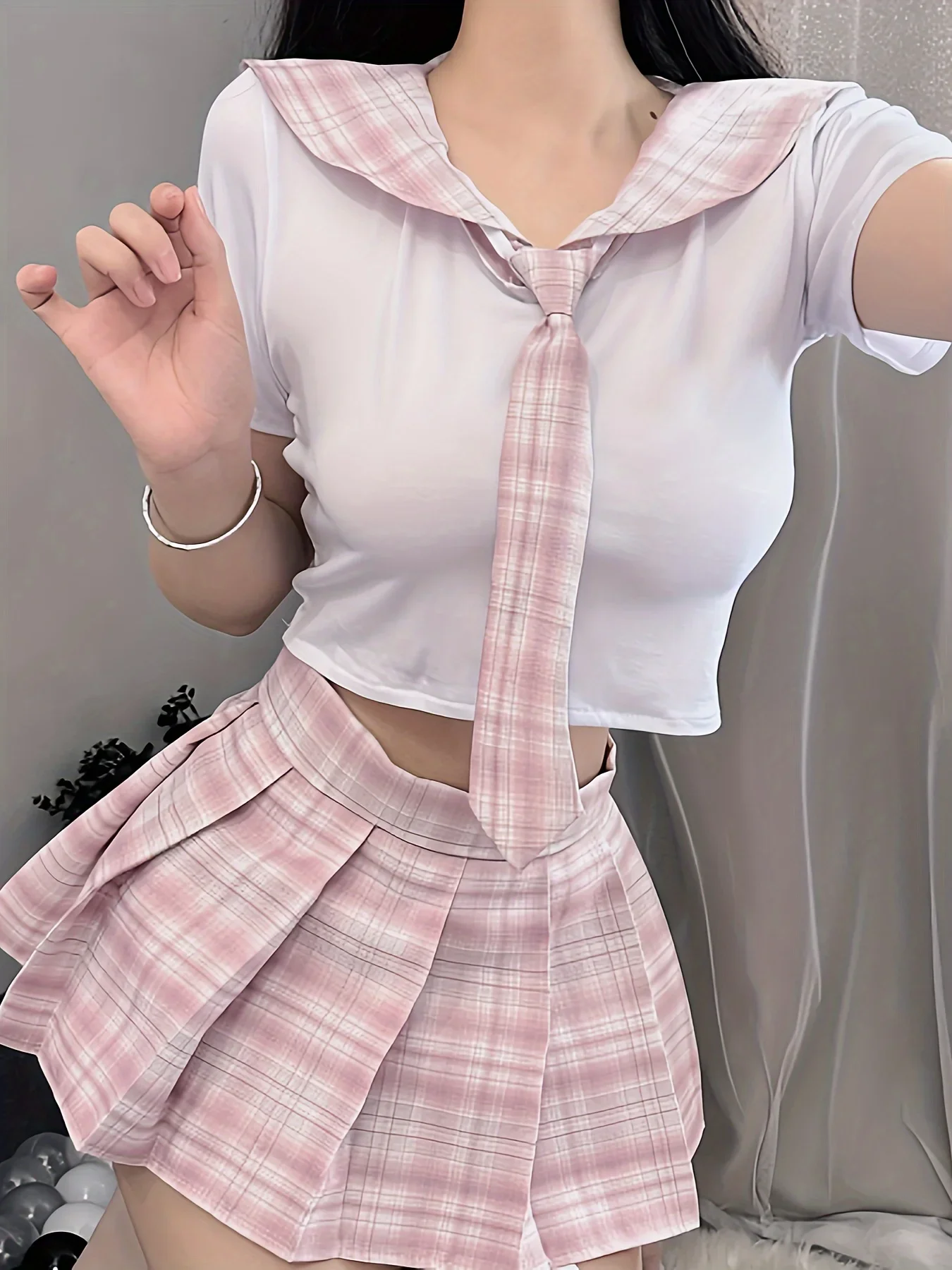 Naughty Preppy School Girl Cosplay Costume Women's Sexy Lingerie Pink Short Sleeve Crop Top & Plaid Pleated Skirt & Tie Set