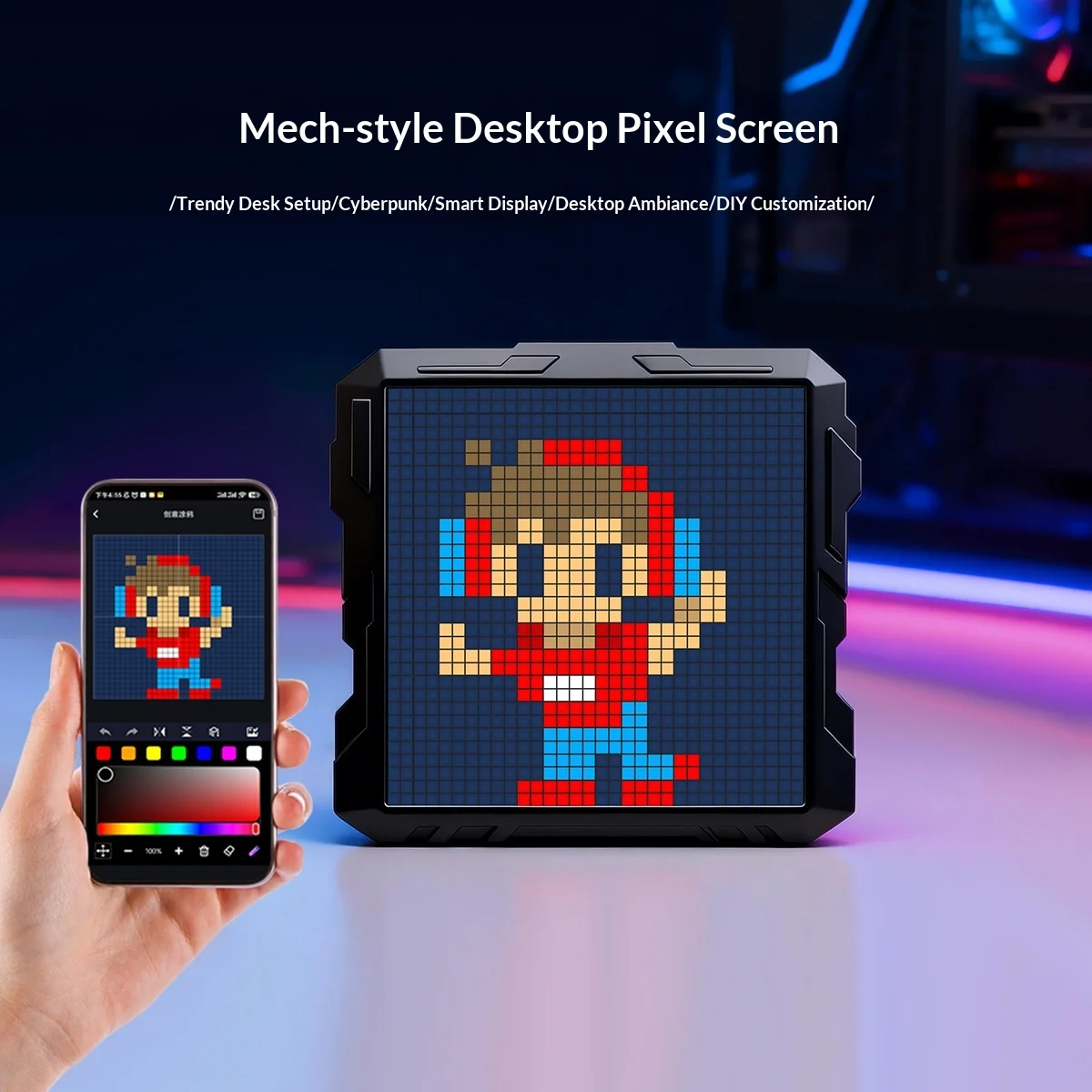 Full-color LED Black Desktop pixel Screen Pillar Mount Indoor Gaming Desk Featuring DIY Ambient Lighting Cyberpunk Mecha-style