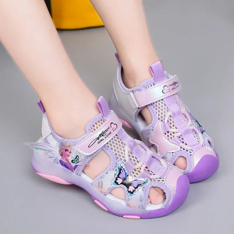 Disney Kinderschoenen Zomer Elsa Meisjes Mesh Teen Sandalen Strandschoenen Mode Ins Frozen Prinses Soft Bottom Led Light Sandalen