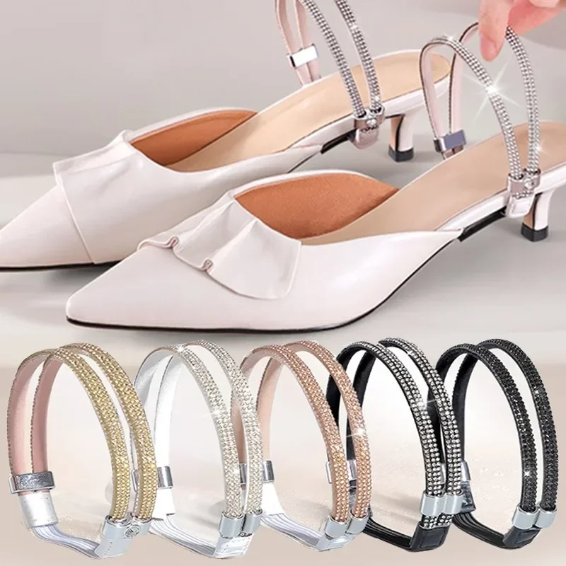 2pcs Rhinestone High Heels Shoes Band Anti-loose Women Diamond Shoelaces Anti-drop Heel Straps Belt Drill Elastic Fixed Belts