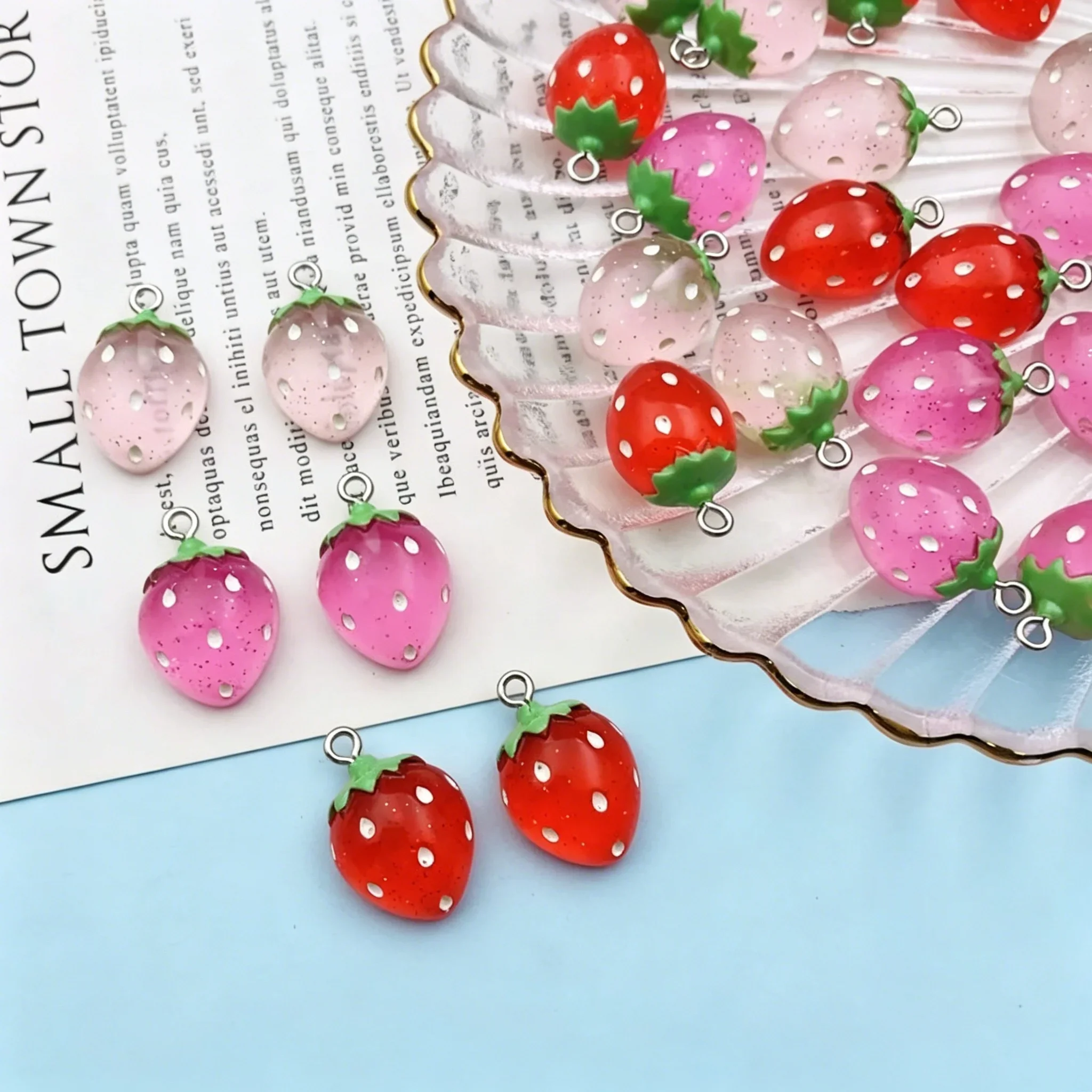 10Pcs Sparkly Kawaii Strawberry Resin Pendants, Glitter Fruit Charms for Handmade DIY Jewelry Craft Supplies