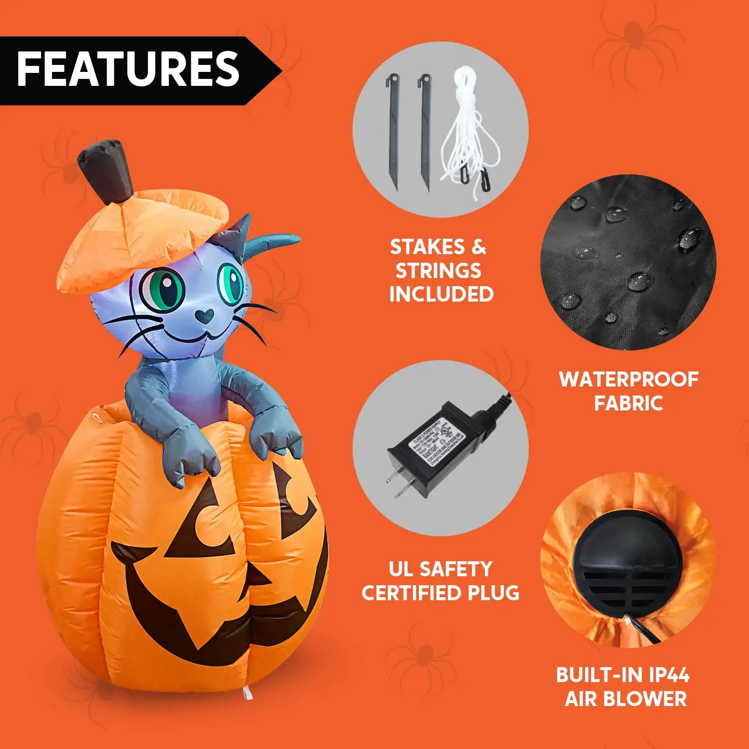 Joyfy 5 pieds animé Kitty chat Halloween gonflable sur citrouille décoration extérieure Halloween gonflable cour pelouse gonflable