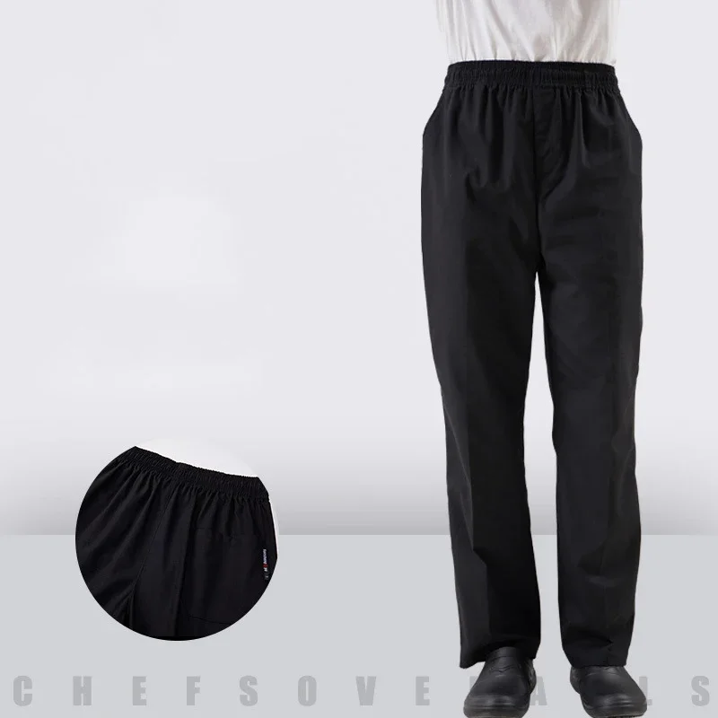 Schwarze Unisex-Chef-Service-Kochuniform, Chef De Partie, Chefkoch, lange Hose, elastische Restaurant-Food-Service-Uniform