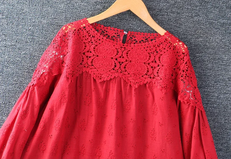 Spring New Solid Color Hollow Out Embroidery Shirt For Woman Round Neck Long Sleeve Casual Blouse Tops