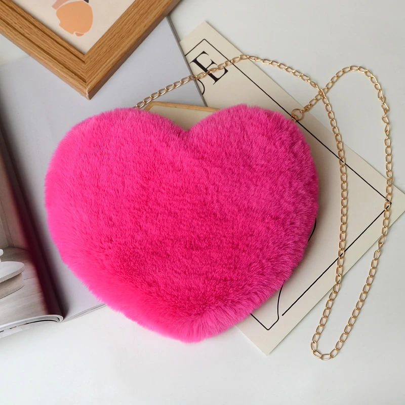 Mode frauen Herzförmige Handtaschen Nette Kawaii Faux Pelz Umhängetaschen Geldbörse Plüsch Kette Schulter Tasche Dame Handtasche – Detail 18