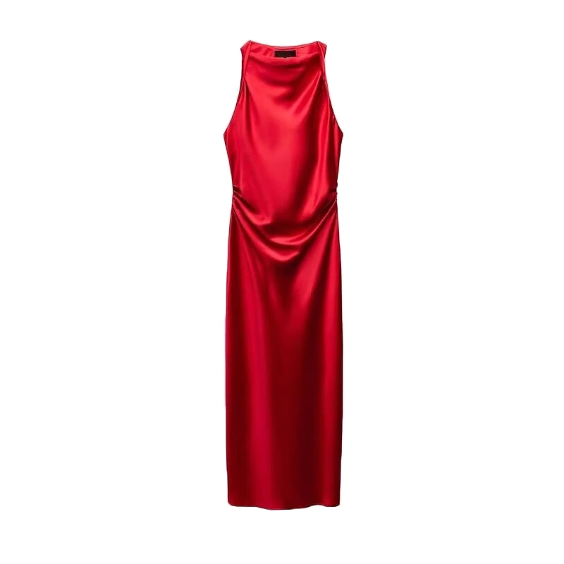 ชุดราตรีสีแดง Ele แบบเสื้อกั๊กยาว ผ้าไหมซาติน ความยาวปานกลาง ดีไซน์ใหม่สำหรับฤดูใบไม้ผลิ แฟชั่นผู้หญิง Ele ทรงเข้ารูปเอว ดีไซน์สวย