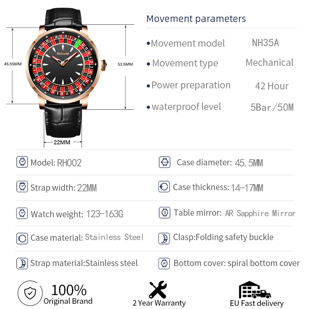 Richard V2 New Mechanical Watch Men Sapphire Glass NH35 Rotating Dial Las Vegas Roulette Desktop Theme Automatic Men Watches