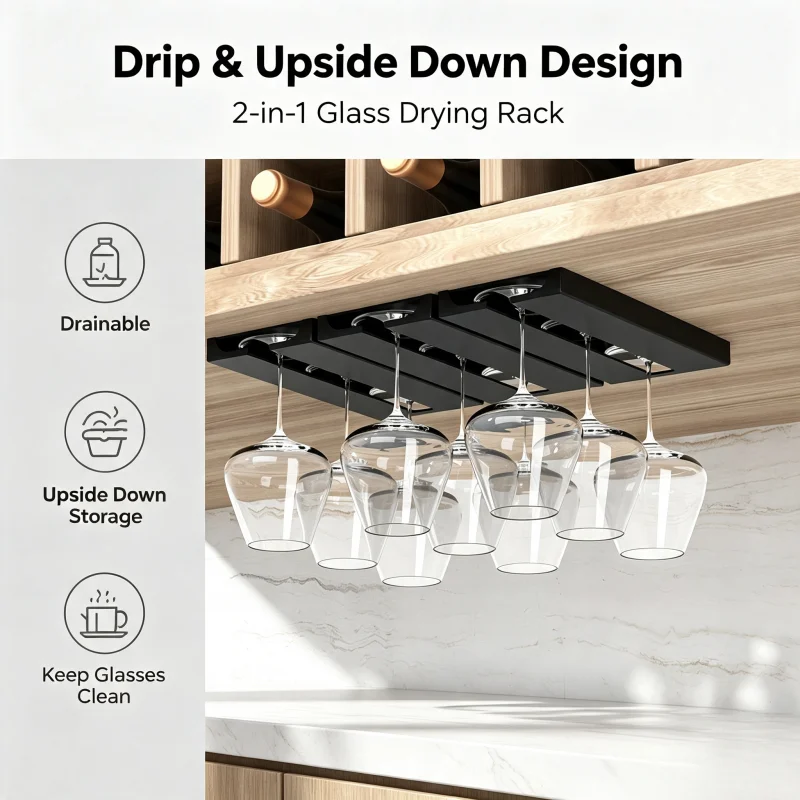 No Drill Wall Mount Wine Glass Rack, Under Cabinet Stemware Holder for Kitchen Living Room, Inverted Red Wine Glass Stand