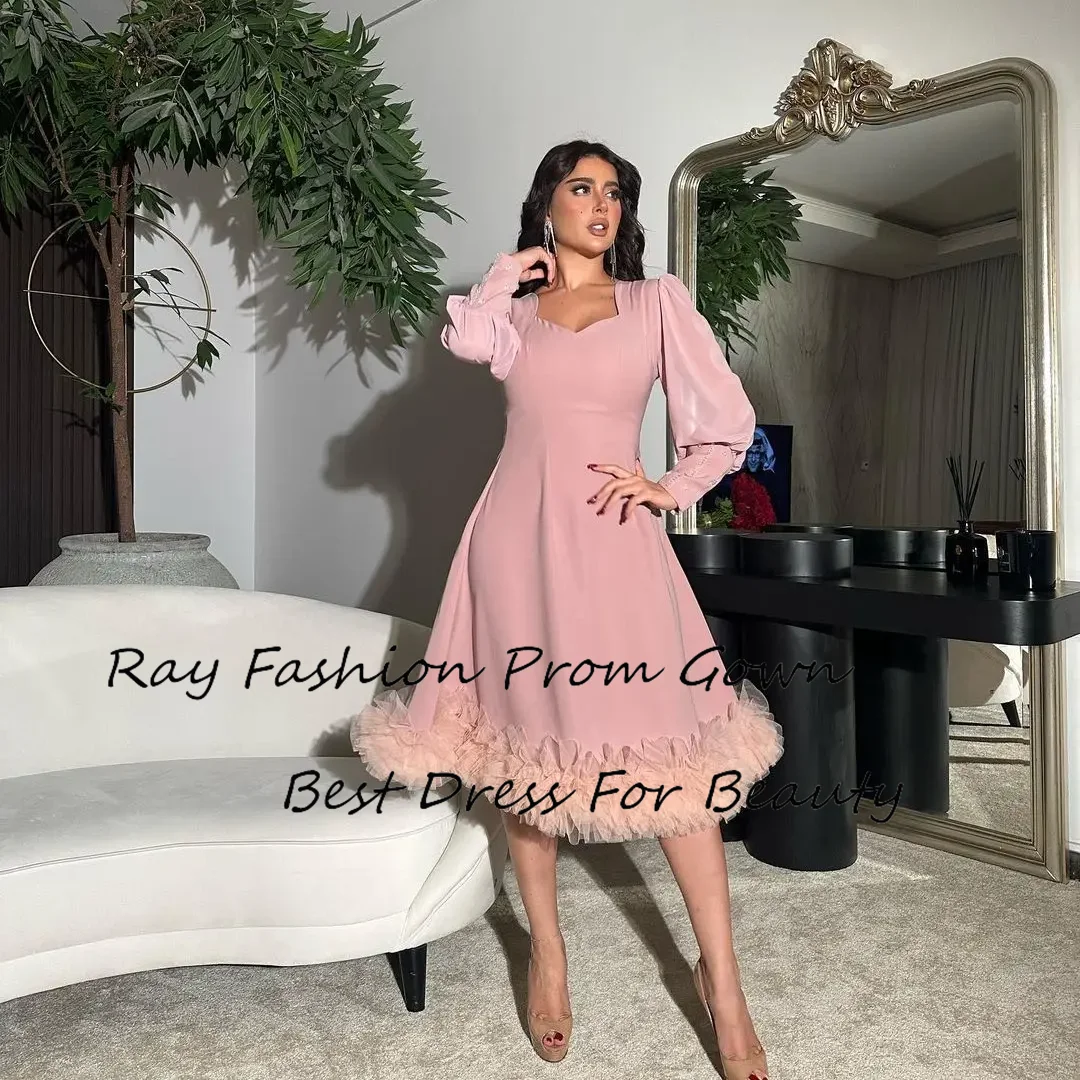 

Simple A-Line Prom Dresses Long Sleeves Ruffles Saudi Arabia Knee-Length Customize Elegant Evening Dresses فستان حفلة موسيقية