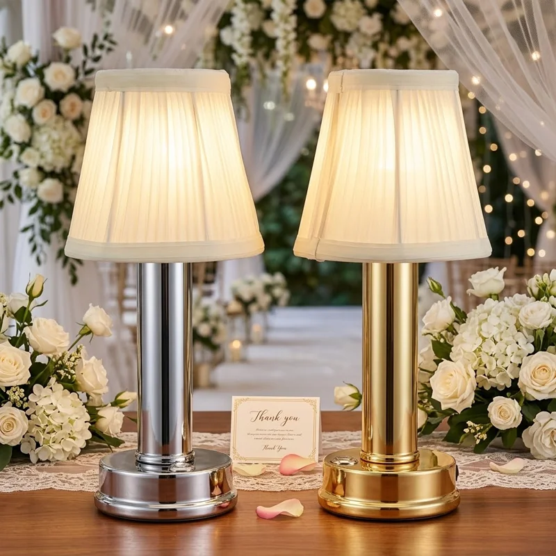 

Dimmable Metal Battery Operated Light for Restaurant Dining Room Rechargeable LED Cordless Wedding Table Lamp with Pleated Shade