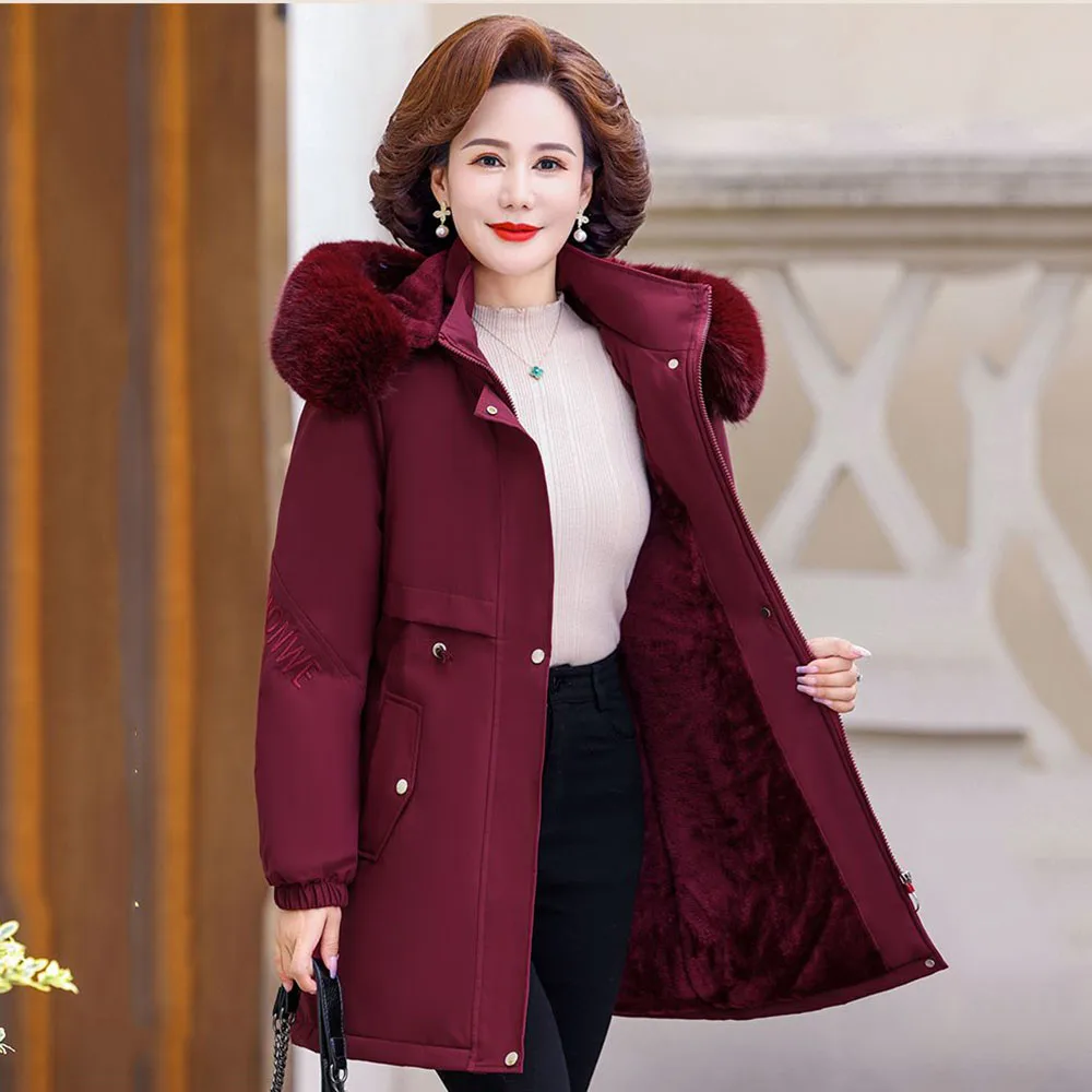 Middle-aged And Elderly Women's Fashion Hooded Jackets In Spring, Autumn And Winter New Western-style Warm Cotton-Padded Clothes