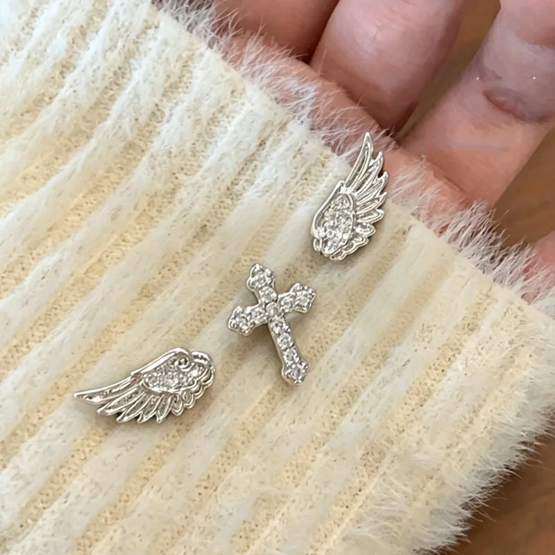 3Pcs/Set Unique Personality Angel Wings Cross Stud Earrings for Women Exquisite Shiny Zircon Piercing Earrings Y2K Jewelry Gifts