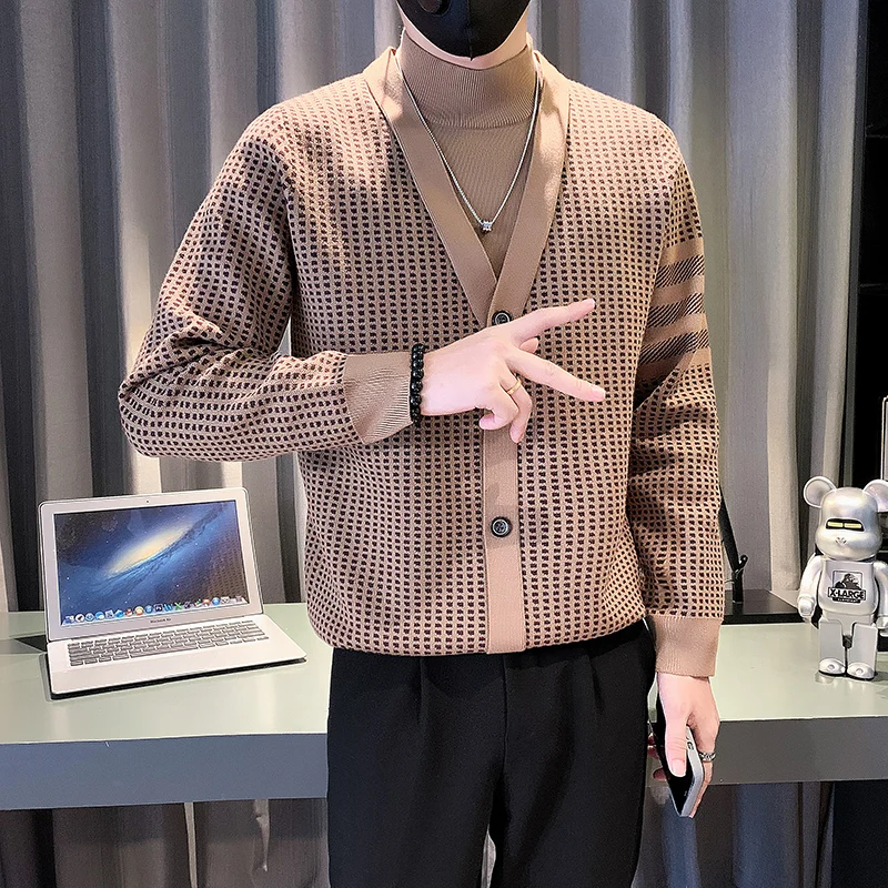 Korean Style Men Keep Warm Autumn Winter Knitted Sweaters/Men's Plaid Slim Fit Fashion Long-sleeved Pullover Man Sweaters 4XL-M