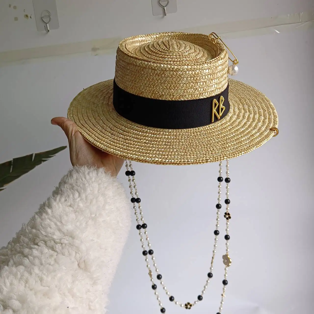 Chain summer straw hat  Pork Pie Hat women outdoor vacation sun protection beach sun hat  sombreros para mujer