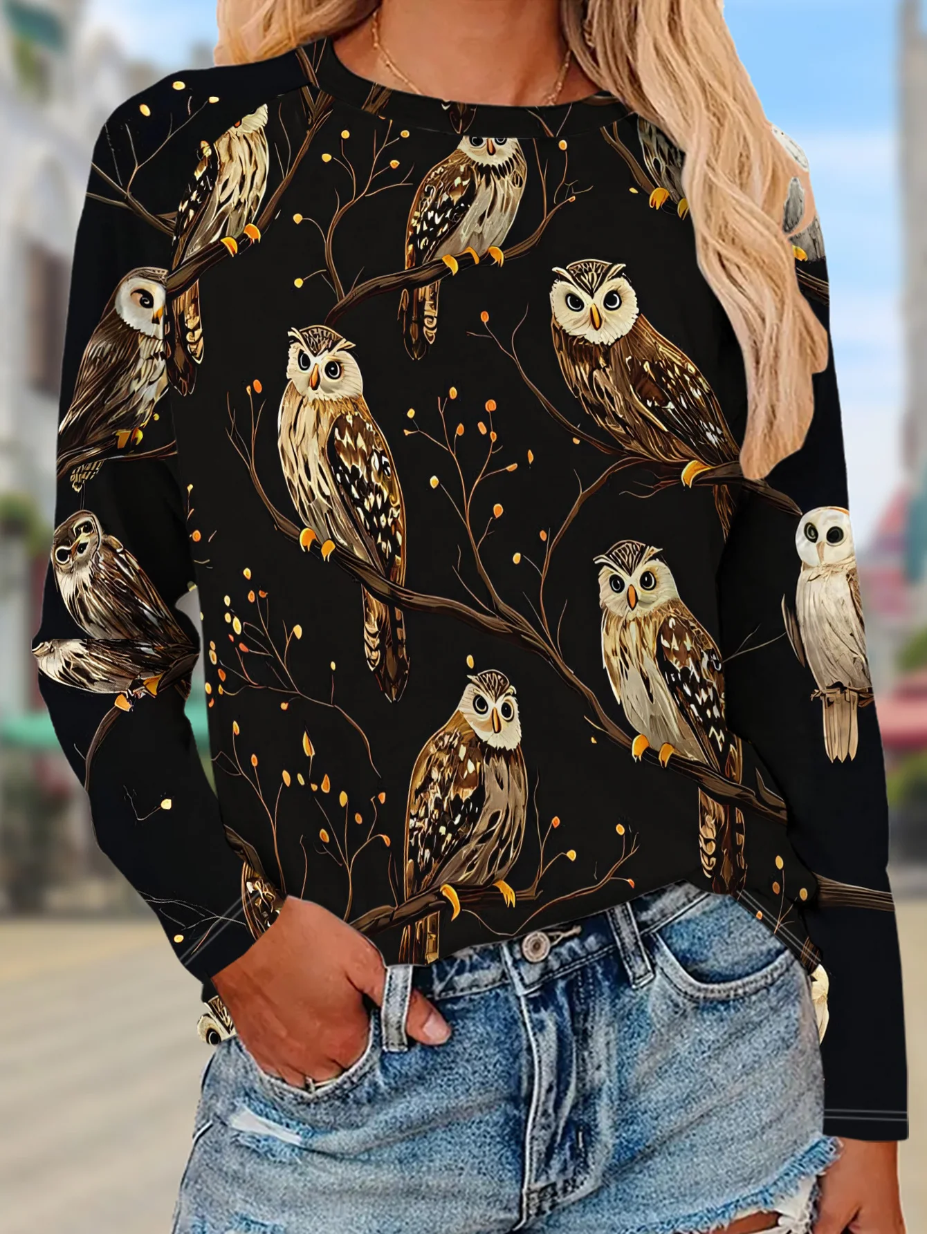 Women Round Neck Long Sleeve T‑shirt Owl Bird Branch Forest Print Holiday Tee Top Casual Daily Autumn Wear Women's Clothes