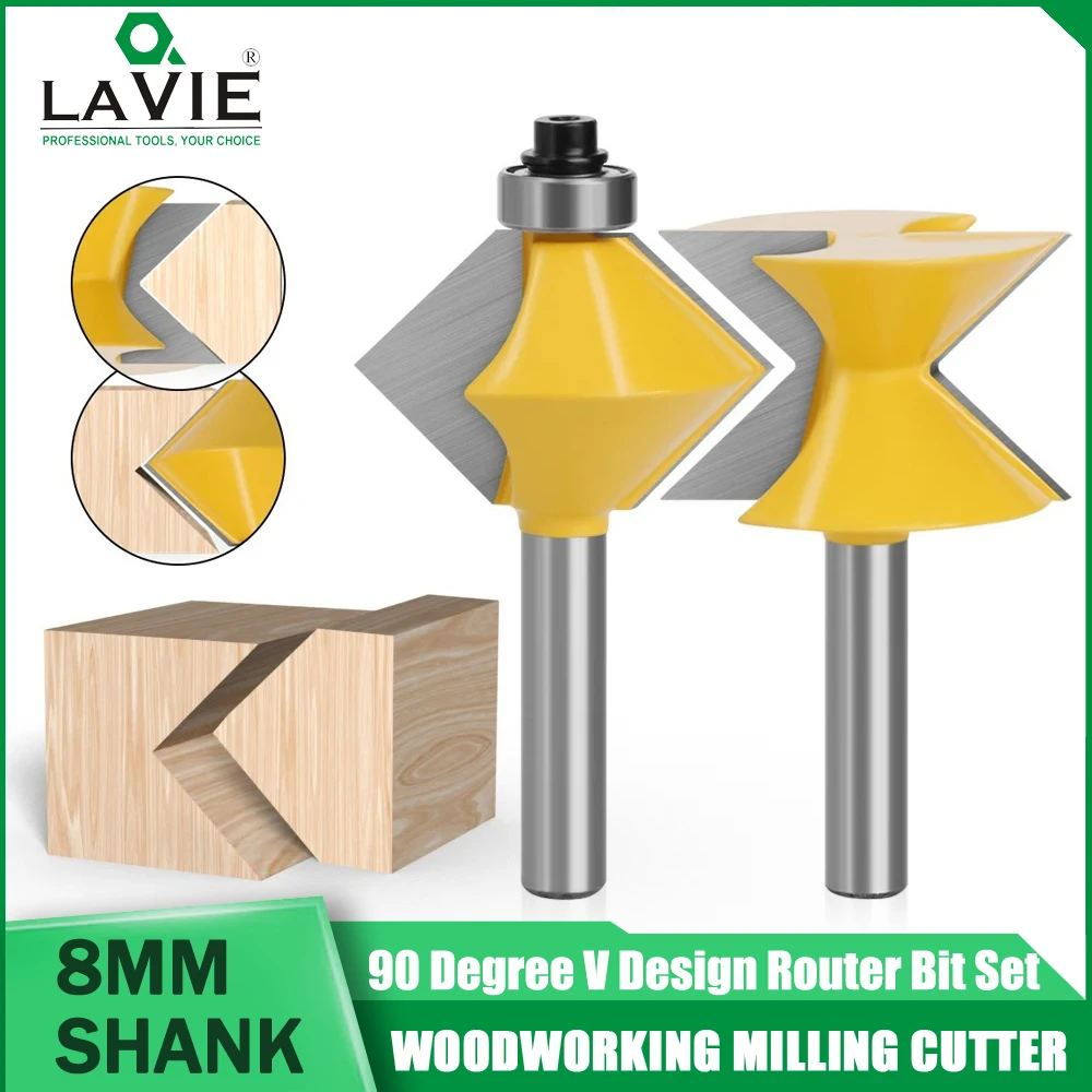 LAVIE 2PCS Set 8mm Shank 90 Degree V Design Tingue Groove Edge Banding Router Bit Set Plate Splicing Woodworking Milling Cutter