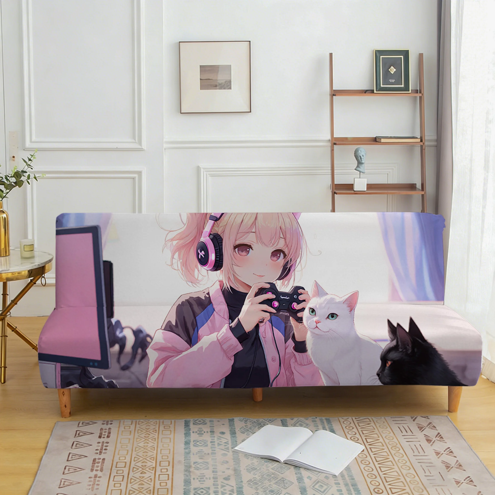 Animation powder e-sports girl printed sofa bed cover, living room sofa bed cover, dustproof machine washable sofa bed cover