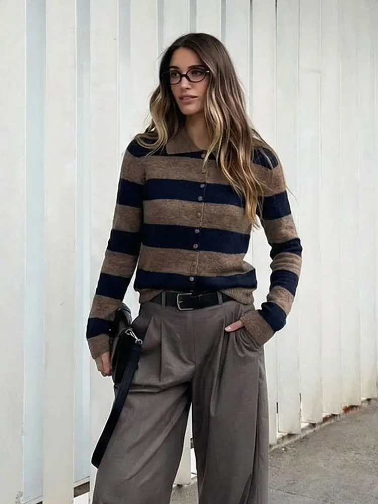 

zoci Women Vintage Knitted Cardigan Top Long Sleeve Single Breasted Lapel Striped Sweater Casual Office Lady Chic Knit Coat