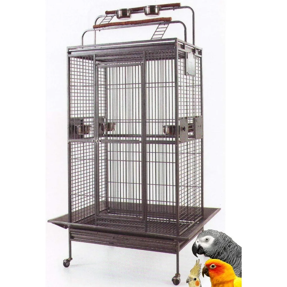 

Large Elegant and Durable Wrought Iron Double Ladders Open Play Top Bird Parrot Rolling Cage, Include Seed Guard