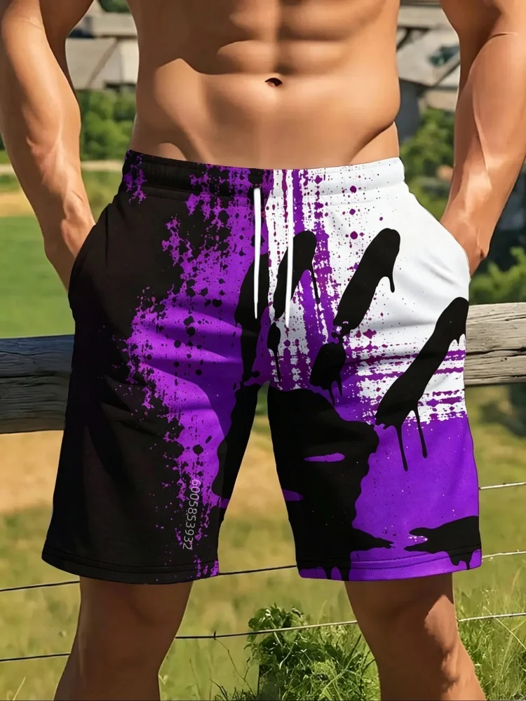 Men's palm handprint splashed 3D printed beach shorts with elastic drawstring and pocket, summer casual sports shorts