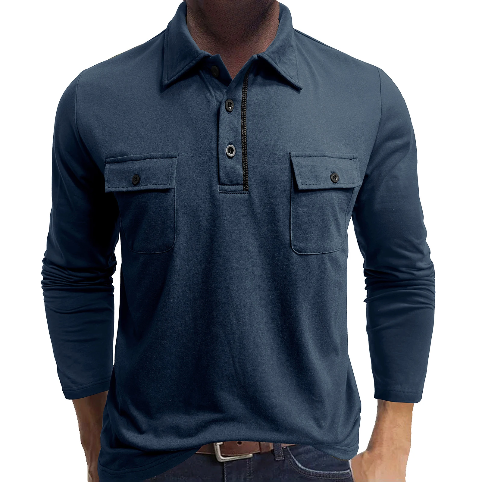 Men's Lapel Collar Henley Shirts Casual Long Sleeve Flap Pocket Button Front T-Shirts Spring Fall Tops