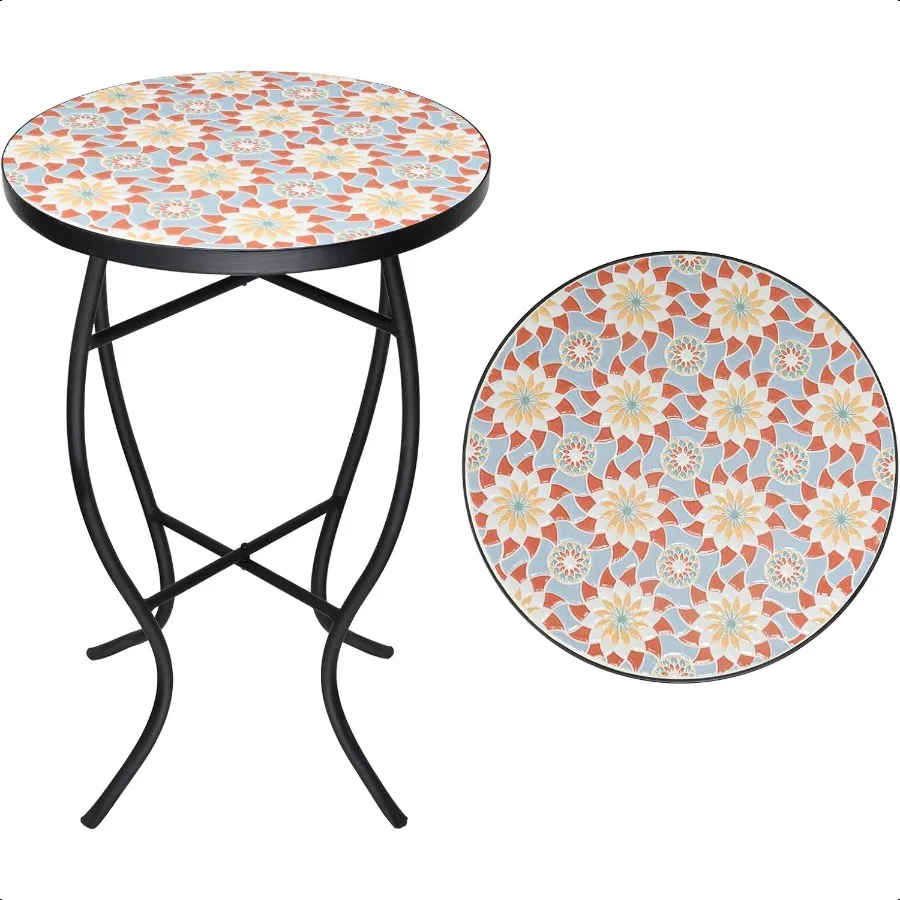 

Mosaic Outdoor Side Table Small Patio Table Coffee Table Outside Accent Table Round End Plant Table for Bistro Balcony Porch Ou