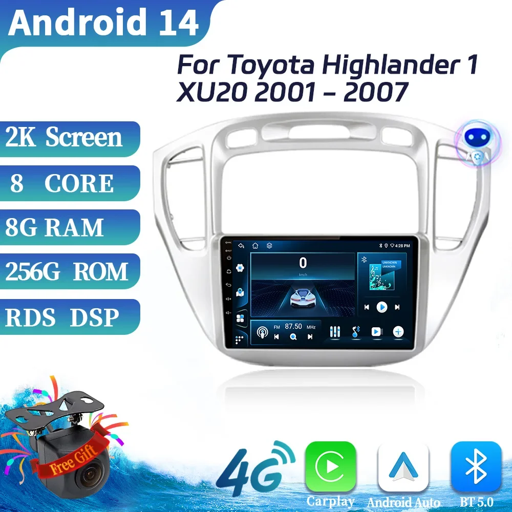 For Toyota Highlander 1 XU20 2001-2007 Car Radio Multimedia Video Player Navigation CarPlay Apple 4G GPS Android 14 Touch Screen