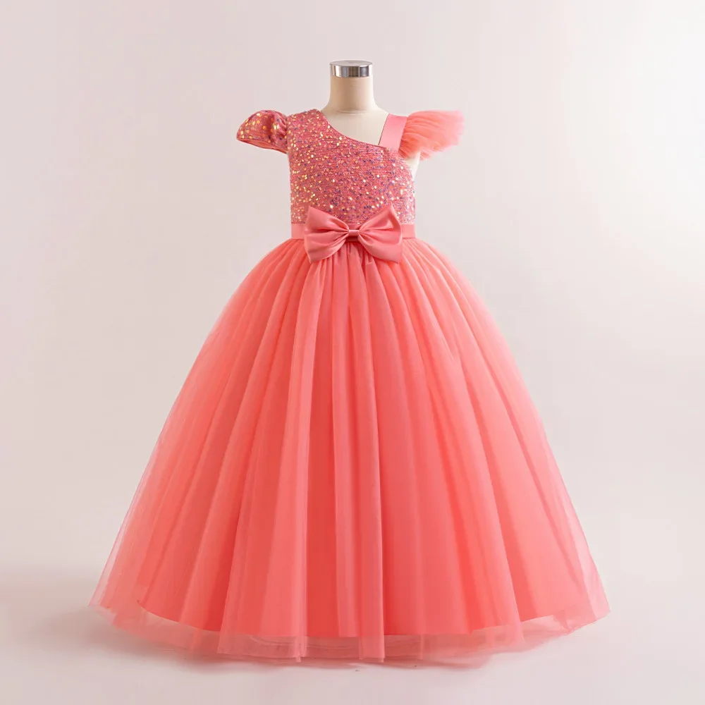 Puffy Girls Party Dresses Elegant Kids Wedding Gala Prom Gown Sequined Bow Children Birthday Princess Dress For Girl Clothes