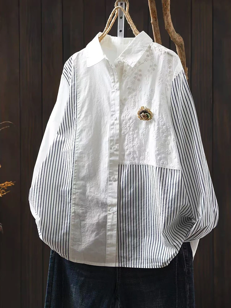 

Women Long Sleeve Casual Shirt New Arrival 2025 Autumn Simple Style Embroidery Patchwork Striped Female Cotton Tops Shirts M1892