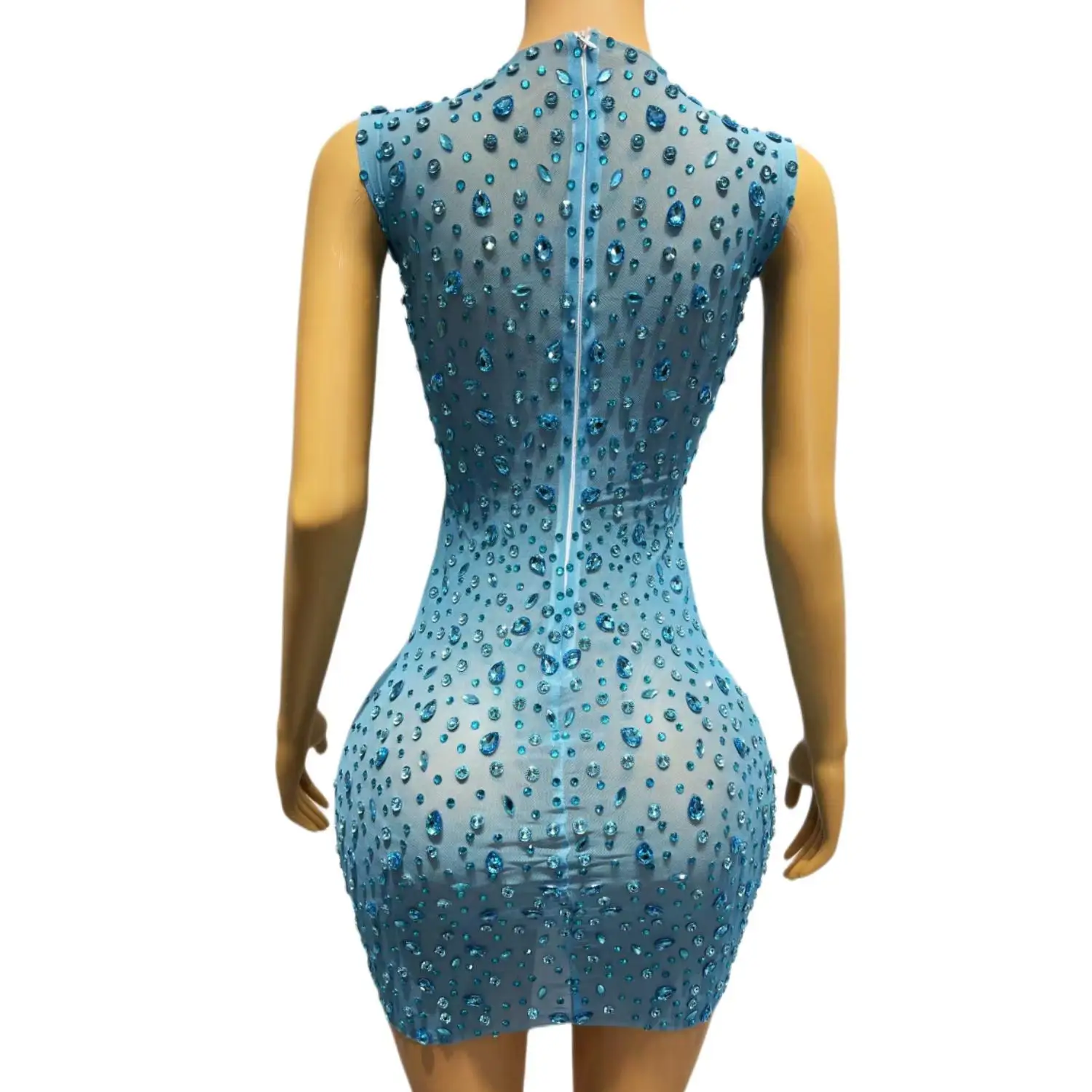 Shining Rhinestones Women's Blue Dress Sexy Mesh Spandex Evening Dress Prom Celebrate Birthday Short Dress Performance Costume