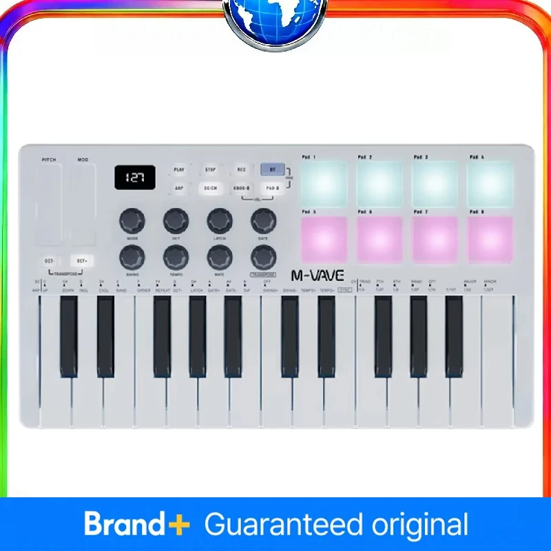 

M-VAVE SMK-25 Мини-беспроводная MIDI-клавиатура, 25-скоростная чувствительная клавиша с 8 барабанными пэдками RGB, консоль для музыкального производства