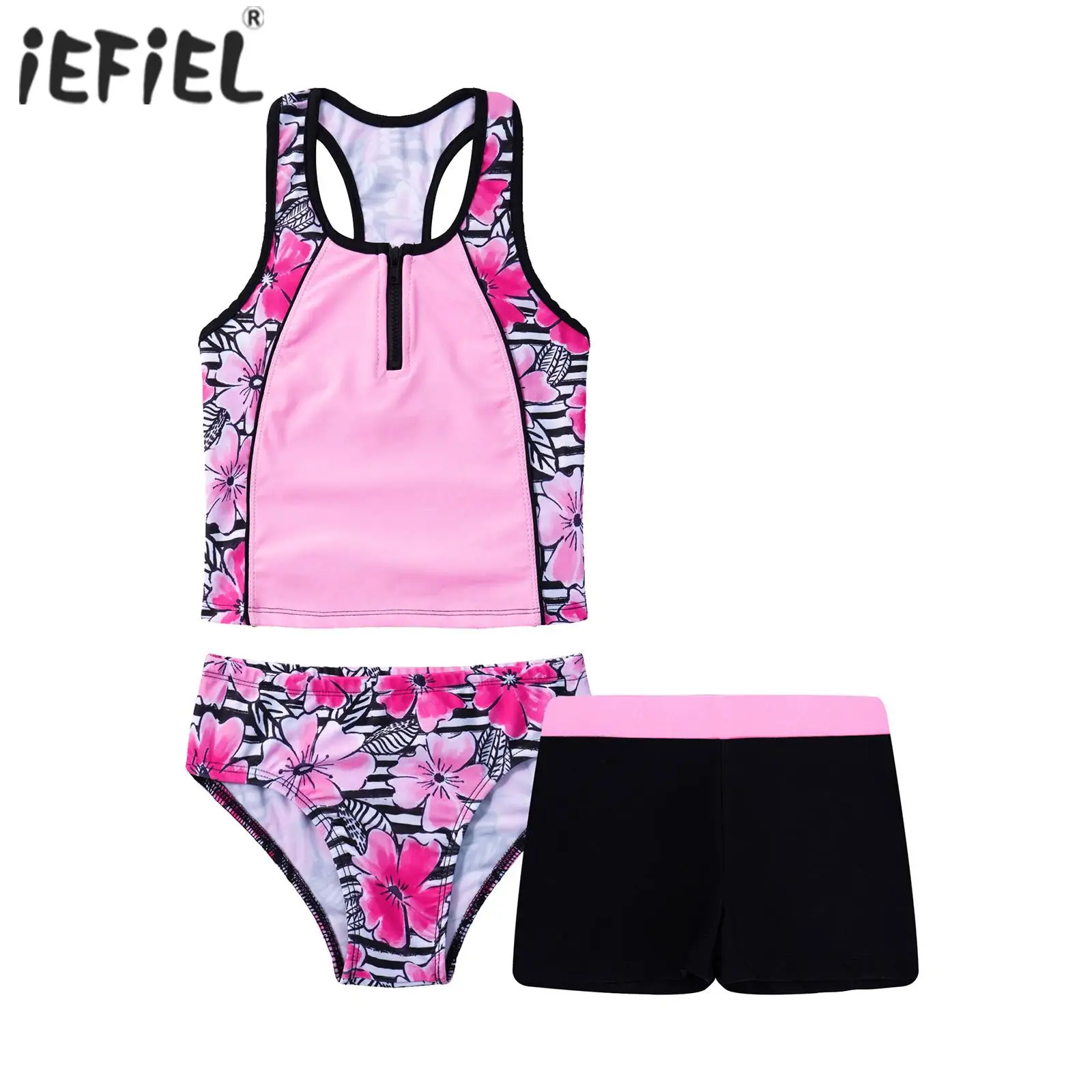 

4-16 Years Kids Girls Tankini Set 3 Piece Floral Print Sleeveless Racerback Tank Vest Shirt Short and Bikini Triangle Swimwear