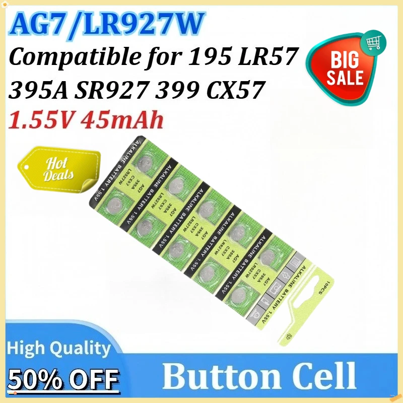 

10 -200PCS Cell Coin Alkaline Battery 1.55V 45mAh LR927 395A SR927 399 AG7 195 LR57 Button Battery for Watch Toys Remote SR927SW