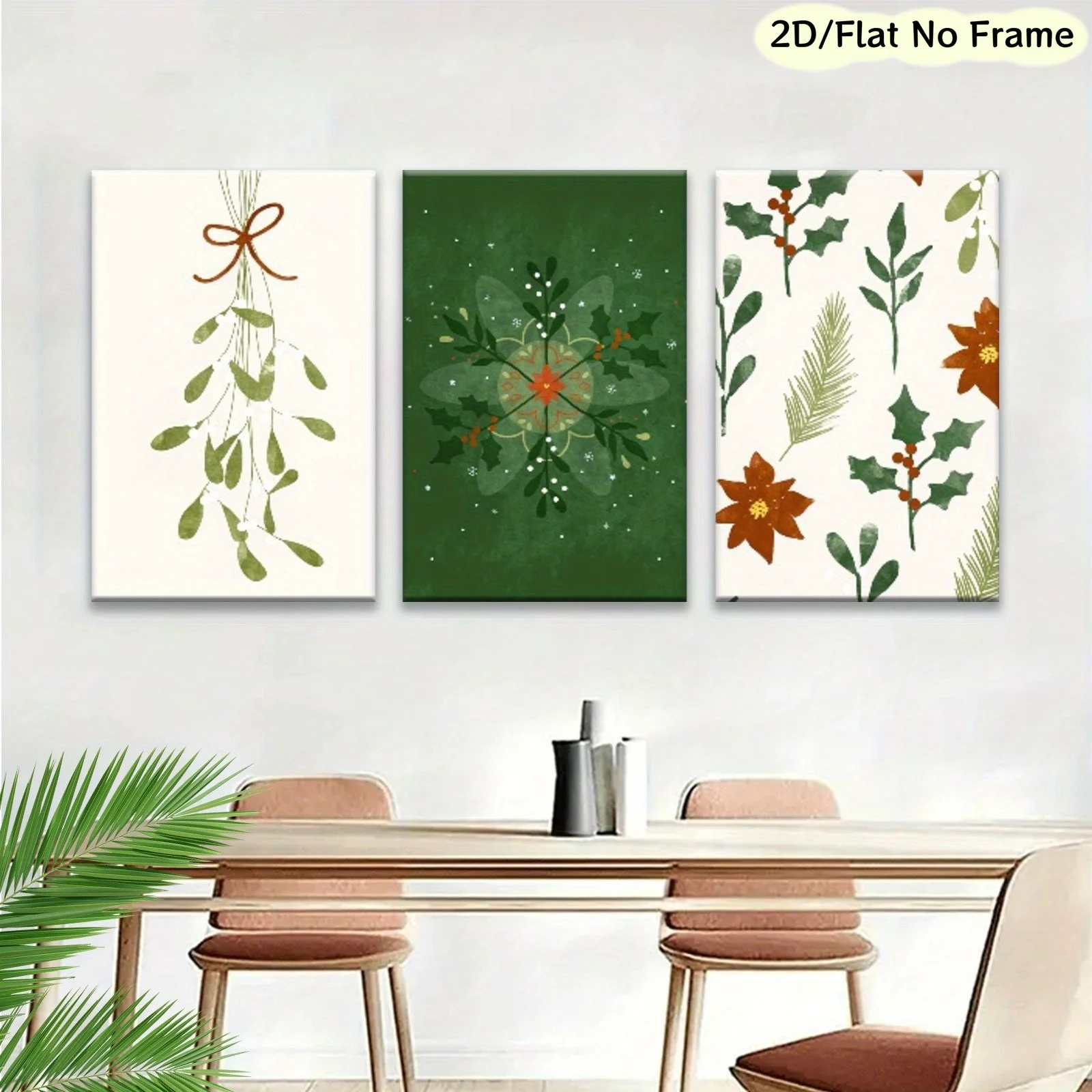 (No frame)2D Flat, 2D Flat, 2D/FLAT, Frameless, 3pcs Set of Green Christmas-Themed Canvas Art, Ideal for Decorating Your Home