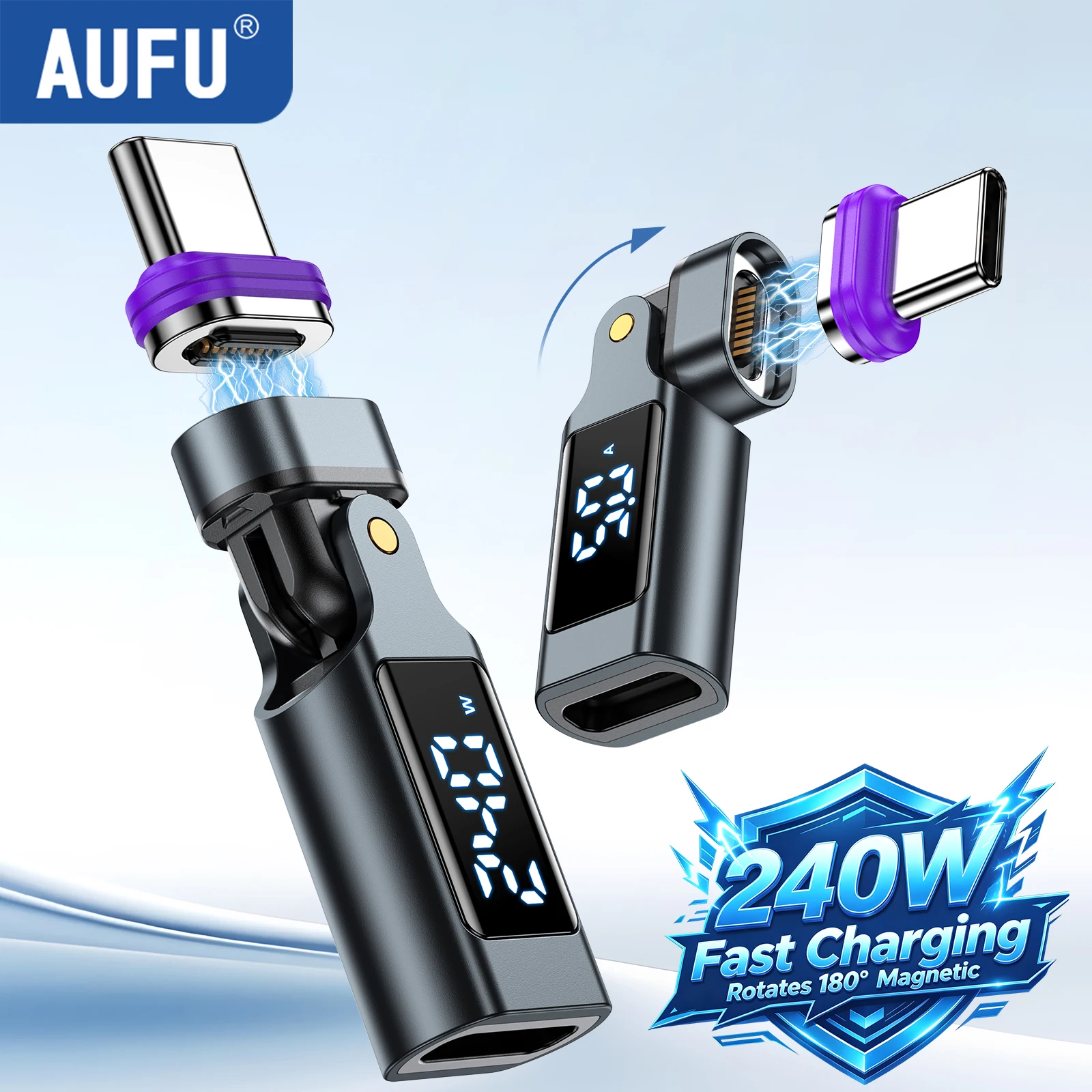 Adapter USB-C na USB-C z cyfrowym wyświetlaczem AUFU 16PIN, magnetyczny, z obsługą PD 240W, szybkie ładowanie, konwerter OTG USB-C żeński do iPhone'a i Samsunga — zdjęcie produktu 7