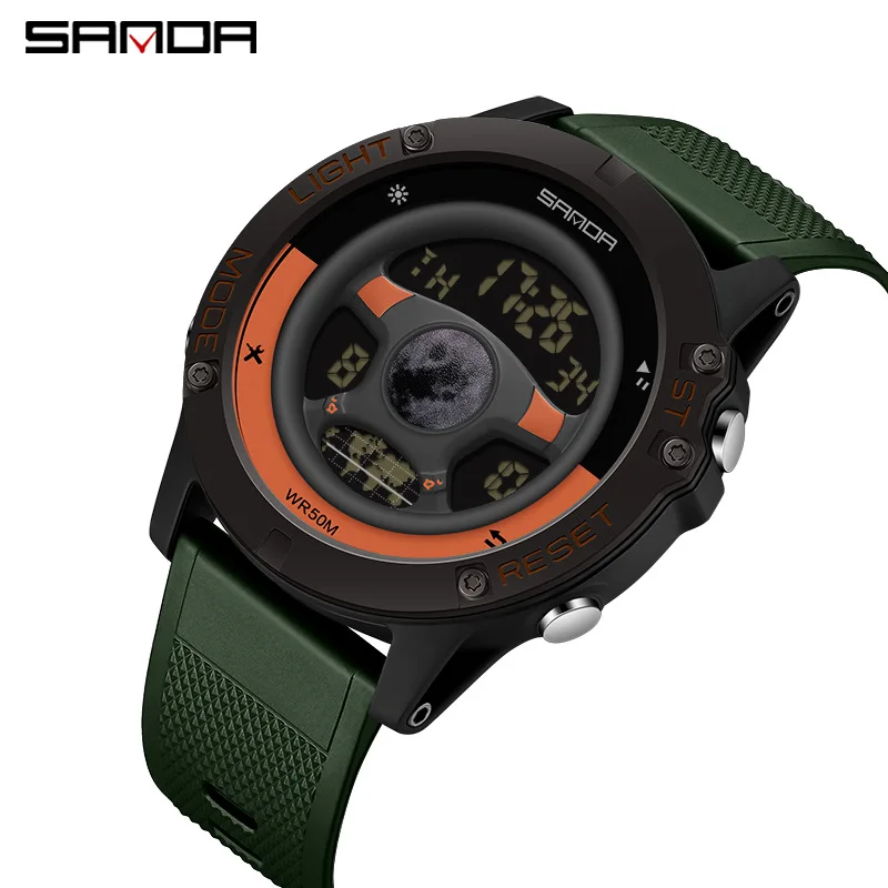 นาฬิกาอิเล็กทรอนิกส์ผู้ชาย SANDA 9024 หน้าปัดลายวงล้อดาว โปร่งแสง เรืองแสง ตั้งปลุก กันน้ำ 50 เมตร นาฬิกาสปอร์ตสำหรับนักเรียน