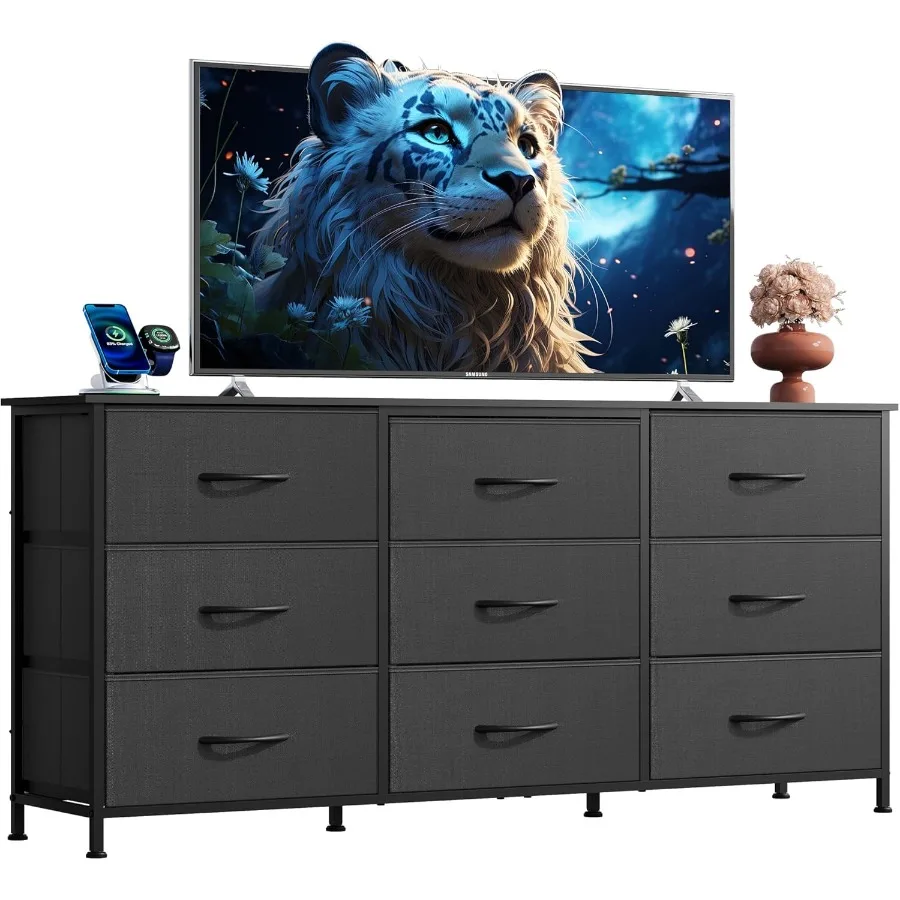Cômoda preta para quarto, 54 polegadas, suporte de tv para tv de 55 60 65 polegadas, cômoda larga com 9 gavetas, grande entretenimento c