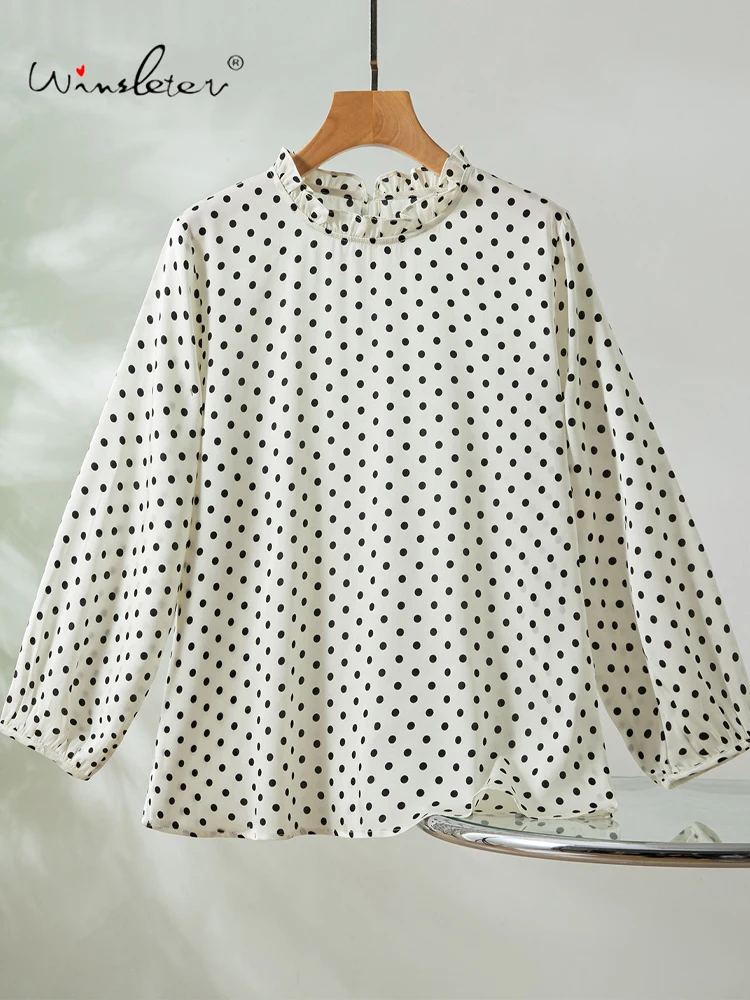 

Winsleter-93%Silk 7%Spandex Elegant Shirt, Ruffled Dot Print, Women Retro French Design Sense Loose Blouse, 2026 Summer T65437CC
