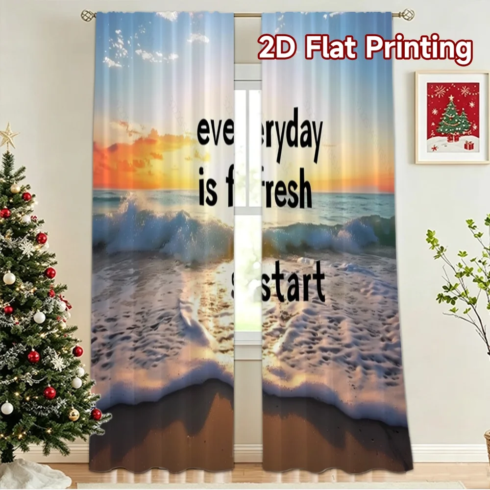 2D flat 2pcs Curtain French Romantic Style Motivational Beach Sunrise Quote Digitally printed polyester, colorfast Family Party