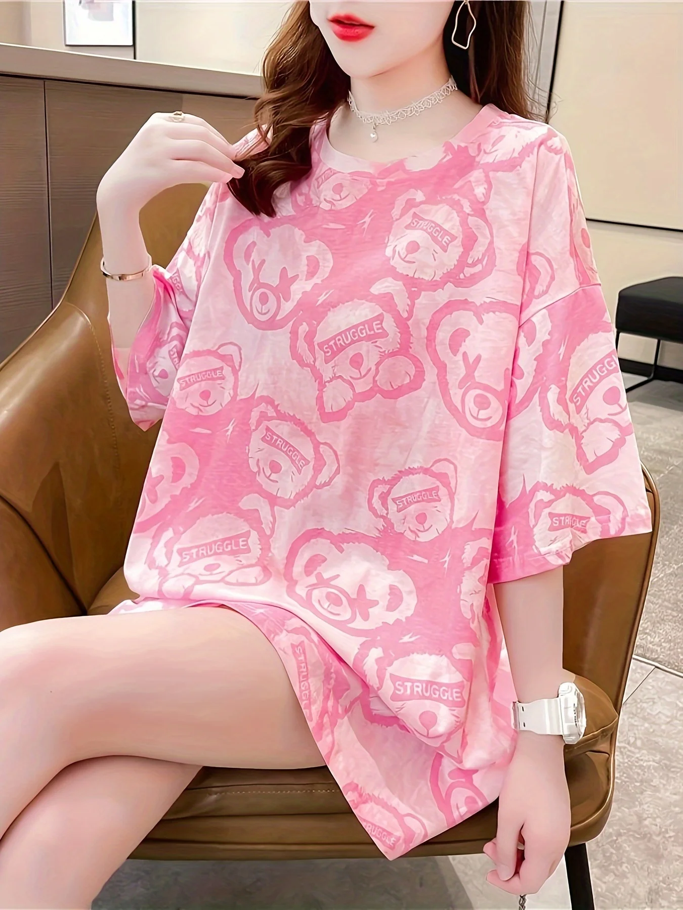 여성용 대형 루즈핏, 패셔너블하고 트렌디한, 슬림한 만화 프린트 라운드넥 중간 길이 반팔 티셔츠