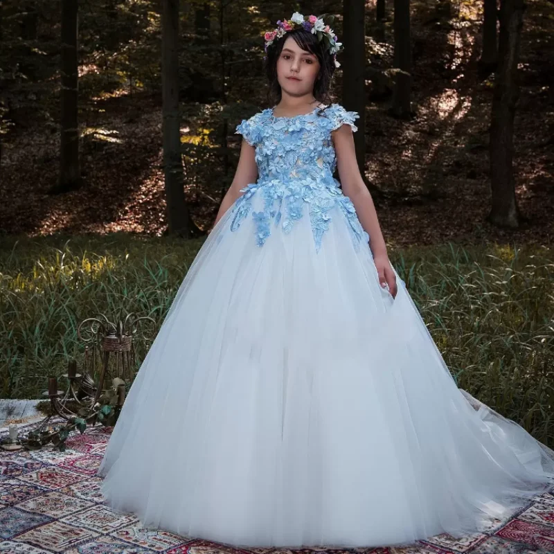 Blue Decals Flower Girl Dresses Lace Tulle Beading Appliqued Pageant First Communion Kids Prom Dress