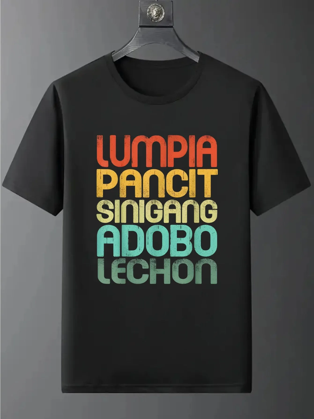 Men's Casual Sports T-Shirt - "Lumpia Pancit Sinigang Didbo Lechon" geometric pattern, 100% polyester knit, c=