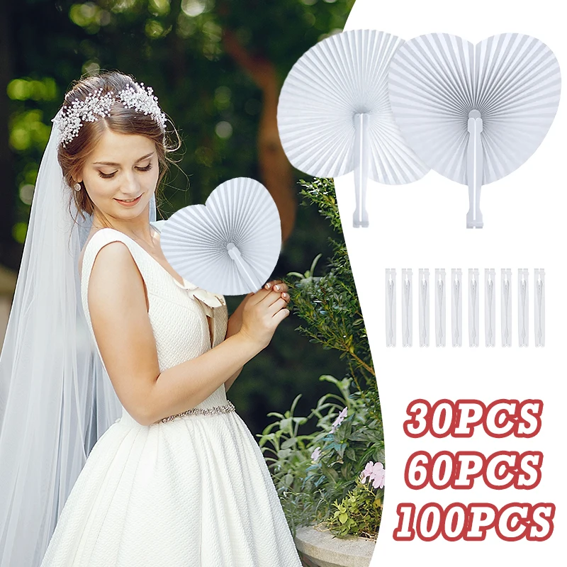 30/60/100Pcs Heart Shape Folding Paper Fans,White Handheld Fan With Plastic Handles,DIY Painting Wedding Baby Shower Party Decor